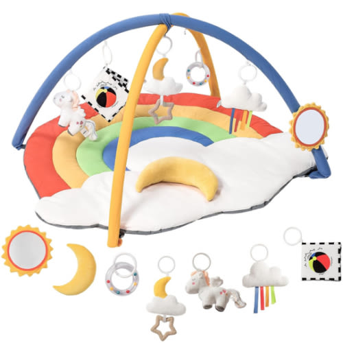 Baby Gym Play Mat with 6 Detachable Toys, Tummy Time Mat for Floor, Promote Motor Skills & Sensory Development Mat for Infant, Washable Baby Activity Mat, Easy to Install, Baby Essentials Gift-Rainbow