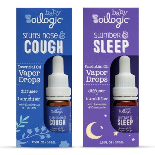Oilogic Baby Essential Oil Vapor Drops for Diffuse & Humidifier, 2-Pack Set with Stuffy Nose & Cough + Slumber & Sleep - Baby Aromatherapy Oil is Safe for Babies, Kids & Toddlers