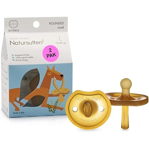 Natursutten Pacifiers 12-18 Months - 2-Pack Butterfly Shield Round Nipple Natural Rubber Safe & Soft BPA-Free Pacifiers for Breastfeeding Babies - Newborn Pacifiers Made in Italy