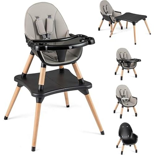 BABY JOY 5 in 1 High Chair, Convertible High Chairs for Babies and Toddlers/Booster Seat/Table and Chair Set, Infant Wooden Highchair w/ 5-Point Harness, 4-Position Removable Tray & PU Cushion (Black)
