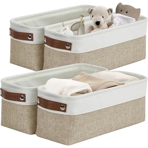 DECOMOMO Narrow Storage Bins Small Baskets for Organizing Bathroom, Toilet Tank, Towel Storage, Entryway, Gifts (Beige and White - Set of 4)