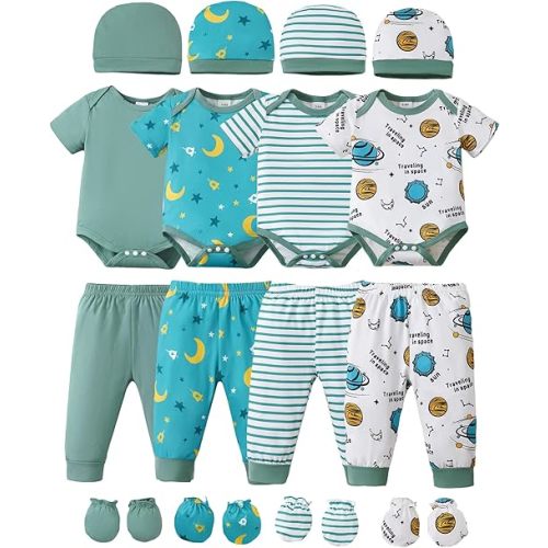 NZRVAWS Newborn Baby Boy Girl Clothes Unisex Infant Romper Pants Set Hat 4-Pack Outfits 0-12 Months 16 Pieces Toddler