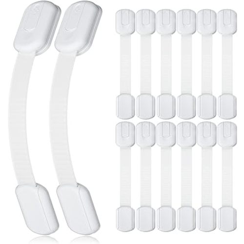 4our Kiddies 14 Pack Baby Proof Cabinet Latches, Childproof Drawer Latches with 12 Extra 3M Adhesives, Adjustable No Drilling Child Safety Cabinet Locks Straps Baby Drawer Locks for Kids Baby Safety