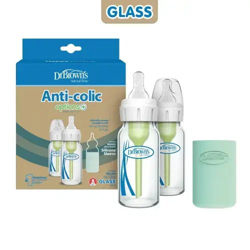Dr. Brown's Natural Flow Anti-Colic Options+ Narrow Glass Baby Bottle with Silicone Sleeve, 2-Pack