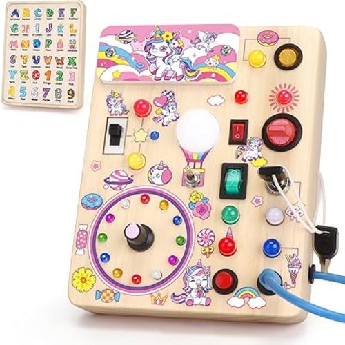 Unicorn Busy Board,Montessori Toys for 1-3 Years Old, Wooden Toddler Toys, Sensory Travel Toys, Ideal Gift for 1+ Year Old Girls (Unicorn Busy Board Plus V2)
