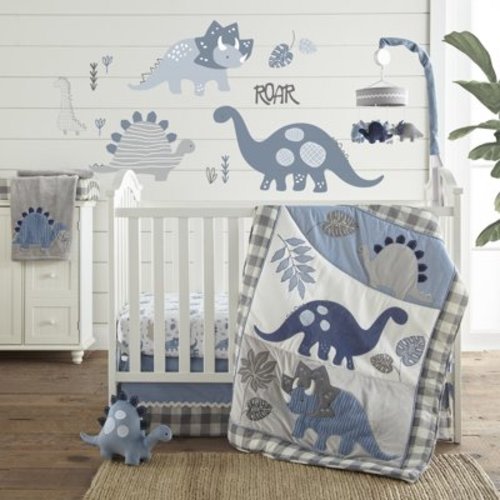 Levtex Baby - Kipton Crib Bed Set - Baby Nursery Set - Grey, White and Blue - Dinosaurs and Leaves - 4 Piece Set Includes Quilt, Fitted Sheet, Wall Decal & Skirt/Dust Ruffle