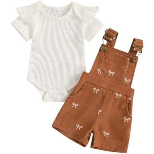 Adobabirl Baby Girl Summer Clothes Ribbed Short Sleeve Romper Bow Print Overalls Shorts Set Infant Cute Summer Outfits