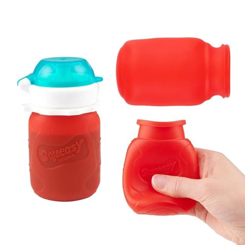 Red 3.5 oz Squeasy Snacker Spill Proof Silicone Reusable Food Pouch - for Both Soft Foods and Liquids - Water, Apple Sauce, Yogurt, Smoothies, Baby Food - Dishwasher Safe