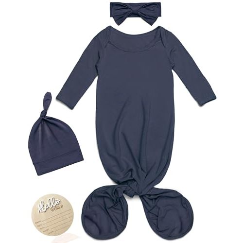4pc Newborn Knotted Gown Set Hat Headband Hello World Sign, Coming Home Outfit Baby First