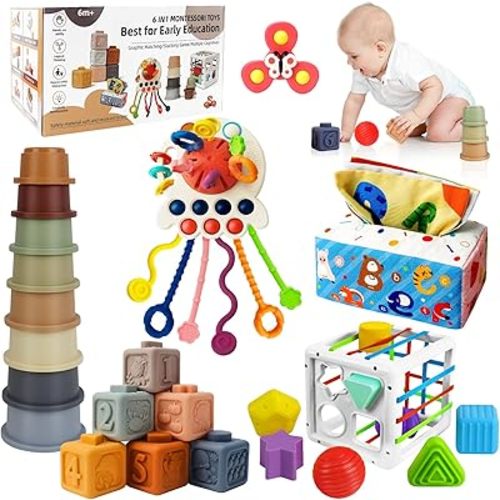 6 in 1 Montessori Toys for Babies 6-12 Months Up - Incl Pull String Toy, Stacking Cups, Tissue Box, Suction Cup Spinner, Stacking Blocks,Activity Cube, Baby Toys for 1 2 3 Year Old