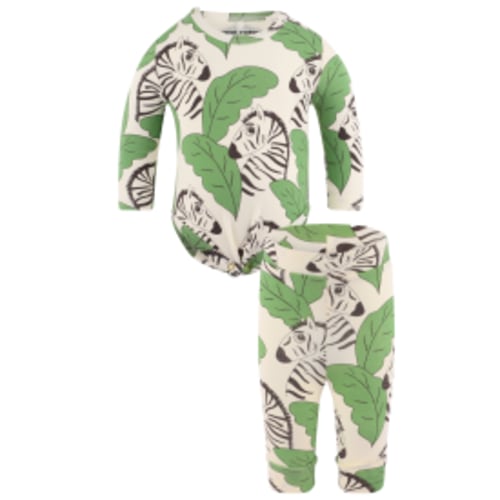 Zebra Print Organic Long-Sleeved Bodysuit and Leggings in Off-White and Green