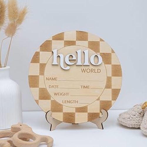Baby Announcement Sign 6.5 Inch Wooden Hello World Newborn Welcome Sign Birth Name (Checkered)