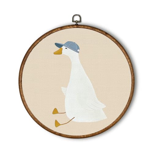 QWZDRHYJI Blue Cap Funny Goose Round Wall Art Decor, Trendy Cute White Goose Framed Canvas Prints Wall Hanging for Kids Girl Boy Room Nursery Playroom Bedroom Decorations, 10x10 Inch
