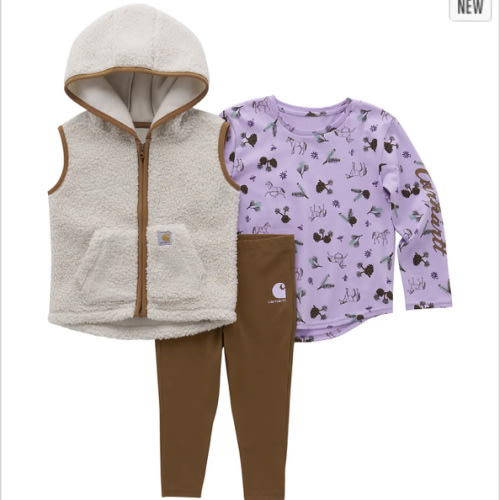 Girls' Long Sleeve Printed T-Shirt, Sherpa Vest & Legging 3pc Set (Infant) | 9M | Carhartt