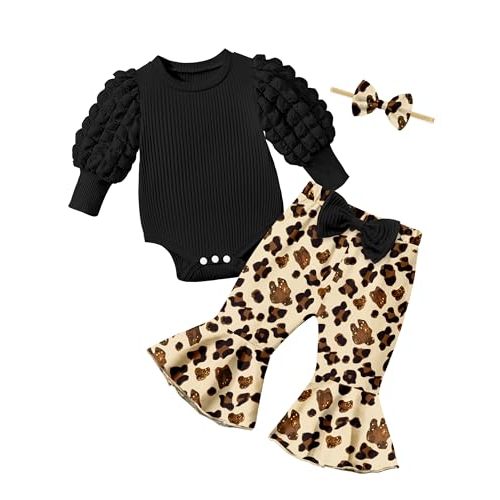 NAPU Baby Girl Clothes Long Sleeve Romper 3Pcs Baby Girl Outfits Flare Pants Set with Headband Fall Baby Girl Winter Clothes