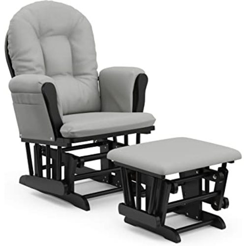 Storkcraft Premium Hoop Glider and Ottoman (Black with Light Gray) – Padded Cushions with Storage Pocket, Smooth Rocking Motion, Easy to Assemble, Solid Hardwood Base
