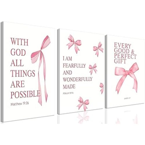 JBZDD Coquette Pink Bow Canvas Wall Art Set of 3, Inspirational Bible Verses Decor Posters Pictures Prints Aesthetic for Girls Room College Apartment Living Room Bedroom Framed 12x16 Inch