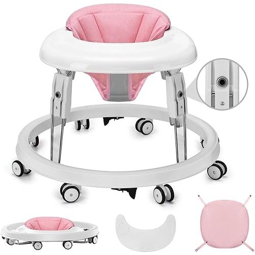 One-Touch Folding Baby Walker, Anti-Roll 8-Wheel Round Chassis, 7-Speed Height Adjustment, with Large Dinner Plate and Brake, 6-18 Months Baby Walker, Pink.
