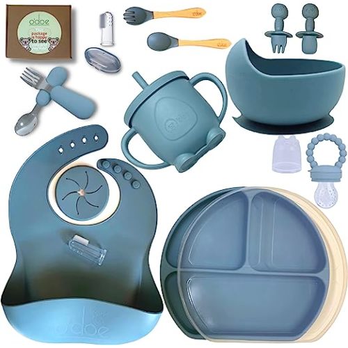 o'doe 17-Pcs Silicone Baby Feeding Set – Baby Led Weaning Supplies With Suction Plates For Toddlers, Baby Plates and Bowls Set | Blue V2