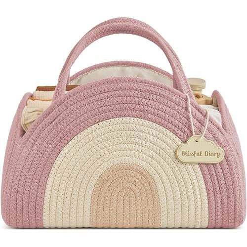 Blissful Diary Baby Diaper Caddy Organizer, Cotton Rope Diaper Caddy Basket, Large Storage Basket for Newborn Boys and Girls, Gift for Baby Shower List, Newborn Essentials, Blush Rainbow