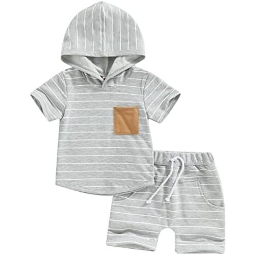 Toddler Boys Summer 2pcs Clothes Sets Hooded Tank Top Striped Shorts Cute Newborn Baby Boy Coming Home Outfit