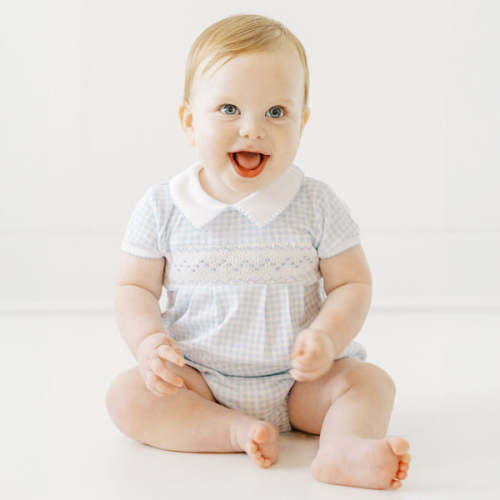 Mini Checks Smocked Short Sleeve Bubble - Blue, 3 Months
