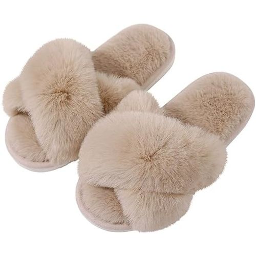 Evshine Women's Fuzzy Slippers Cross Band Memory Foam House Slippers Open Toe