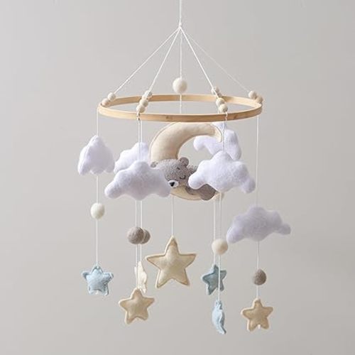 Baby Crib Mobile – Handmade Moon Bear Nursery Mobile, Mobile for Crib Neutral Felt Clouds Stars Hanging Toy, Beech Wood Ring Bassinet Mobile Baby Mobile Decor Gift