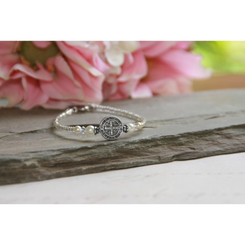 St. Benedict Baby Bracelet with Pearls & Crystal