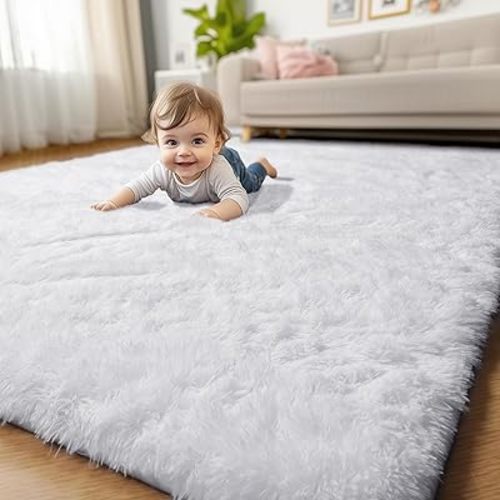 Amdrebio White Area Rugs for Bedroom, Shag Fluffy Rug for Living Room, Modern Furry Shaggy Throw Rug for Kids Room, Teen Girls, Dorm, Baby Nursery, Cute Fuzzy Fur White Carpet, 4x6 Rug, Home Decor