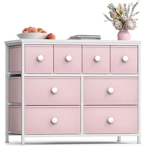 Fabric Dresser for Kids Bedroom - Chest of 8 Drawers, Storage Tower, Clothing Organizer, for Closet, for Playroom, for Nursery, Steel Frame, Fabric Bins - Knob Handle (Pastel Pink)