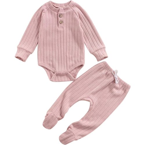 Newborn Baby Girl Clothes Infant Outfits Knit Cotton Button Long Sleeve Romper Footed Pant Set Winter Clothes