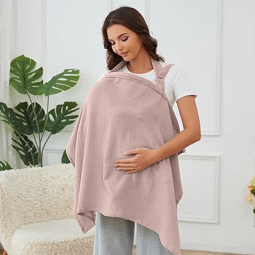 Nursing Cover for Baby Breastfeeding with Rigid Hoop, Breathable Soft 100% Muslin Cotton, Baby Breast Feeding & Pumping Apron, Multi Use Baby Car Seat Stroller Cover (Light Pink)