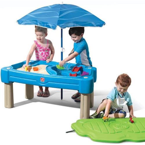 Step2 Cascading Cove with Umbrella, Kids Sand and Water Activity Sensory Table, 6 Piece Accessory Kit, Toddler Summer Outdoor Toys, 1.5+ Years Old - Blue