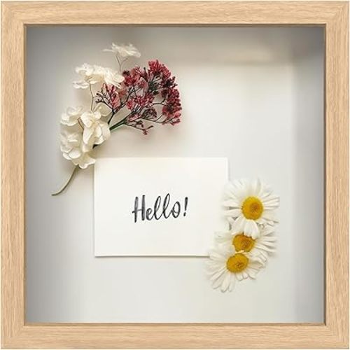 FrameWorks 11” x 11” Natural Oak Wooden Shadow Box Frame – Display Case with Soft Felt Back, Memory Box with Tempered Glass, Display Box with Elegant White Ball Push Pins, Wooden Flower Box