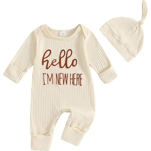 FIOMVA Im New Here Newborn Outfit Boy Long Sleeve Letter Romper Ribbed Knit Jumpsuit Baby Boy Preemie Coming Home Outfit