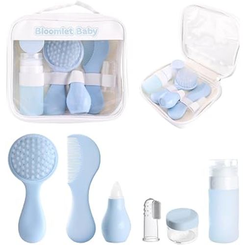 Baby Care Kit, Baby Grooming Kit,6-Piece Newborn Grooming Set with PP Baby Comb & Brush, Silicone Nasal Aspirator, Travel Bottles (60ml/20ml), Toothbrush, Newborn Care Set (Blue)