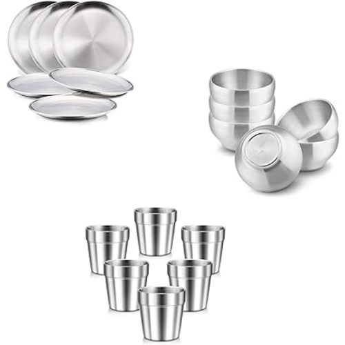 HaWare 18 Pieces Kids Dinnerware Set, Stainless Steel Metal Dinner Dishes include Kids Plates, Bowls and Metal Cups, Reusable and Stackable Utensils for Home Restaurant Camping, Dishwasher Safe