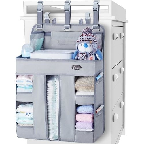 HHZ XL Hanging Diaper Caddy Organizer –Sturdy and Durable Baby Organizer – Diaper Stacker for Changing Table, Crib, Playard or Wall & Nursery Organization – Newborn Baby Essentials