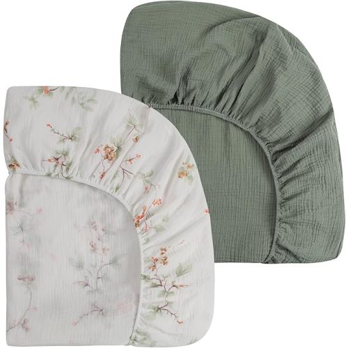 Onacosht Muslin Mini Crib Sheets, 39" x 27" Pack and Play Mattress Sheets Fitted for Pack N Play, Soft Cotton for Boys Girls, 2 Pack, Green and Leaf
