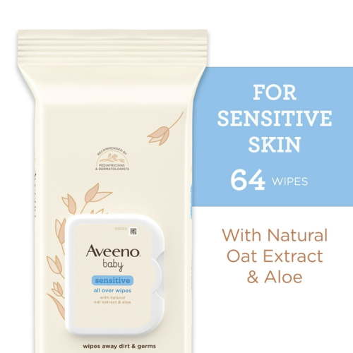 Aveeno Baby Wipes for Infant Sensitive Skin, Hypoallergenic & Unscented with Oat and Aloe, Alcohol-Free, 64 Ct
