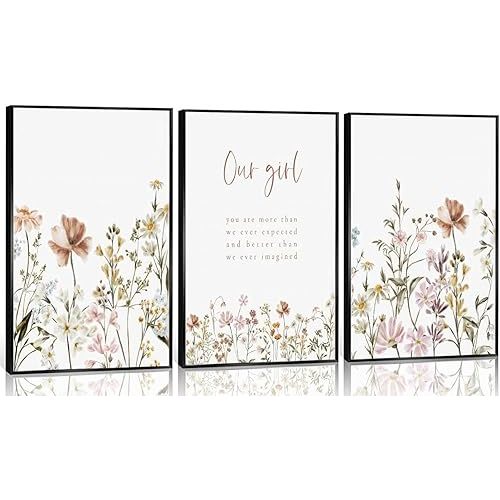 3 Pcs Wildflower Wall Art Poster print Girl Nursery Wall Decor Flower picture artwork Floral Botanical Painting for Baby Girl Nursery Office Inspirational Wall Decoration,Unframed12x16in