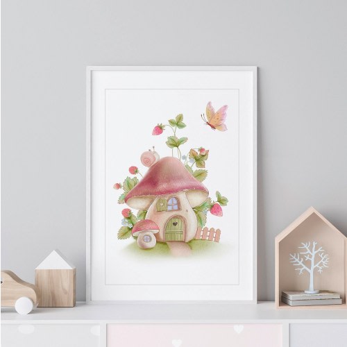 Mushroom House Fairy Print | Watercolor painting for the children‘s room | unique gifts | Nursery Wall Art
