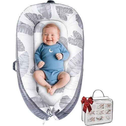 Baby Lounger,Infant Lounger,Baby Lounger Pillow for Newborn 0-24 Months,Soft & Breathable Baby Nest,Newborn Lounger for Baby Boys & Girls,Portable Baby Lounger for Travel and Home.(Grey Leaves)