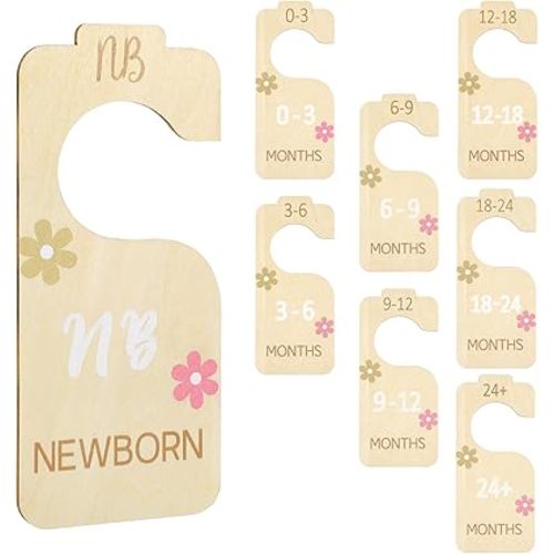 Lusofie 8pcs Baby Closet Dividers Wooden Baby Hangers with Size Dividers Double Sided Baby Clothes Hangers for Closet Daisy Pattern Baby Size Closet Dividers for Newborn to 24+ Months