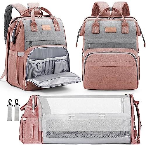 Diaper Bag Backpack, Large Capacity Multifunction Baby Bag with Changing Pad for Boy Girl, Travel for Moms Dads, Baby Registry Search Shower Gifts Waterproof and Stylish Pinkgray