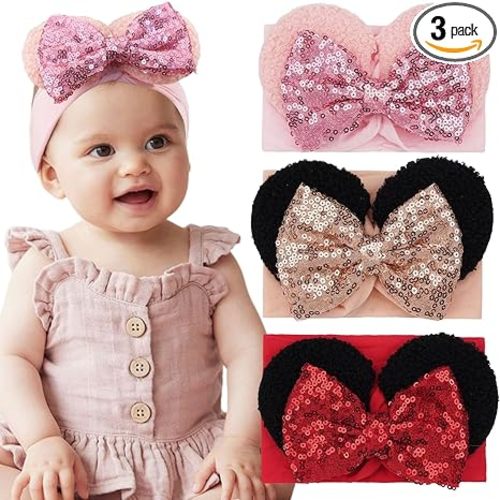 3PCS Baby Girl Mouse Ears Headbands with Sequin Bow, 4.5inches Wide Nylon Turban Hairband, Theme Park Headwear, Hair Bow Headband for Toddler, Kids, Party Supplies