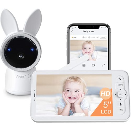 ARENTI Baby Monitor with 2 Cameras, 2K Smart Baby Camera with 5'' Upgraded Wireless Display, Super Night Vision, Breathing Light, Lullabies, Cry&Motion Detection, Temp&Humidity Sensor, 2 Way Audio