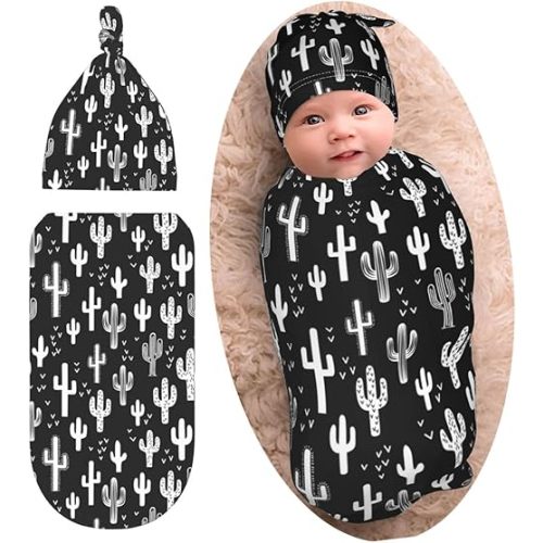 Cute Cactus Western Baby Stuff Swaddle Blanket With Beanie Set, Soft Baby Swaddle Sack Newborn Sleeping Sacks For Girls Boys
