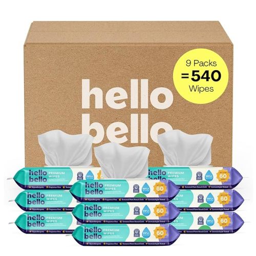 Hello Bello Premium Fragrance-Free Baby Wipes, with Chamomile & Aloe Extracts for Sensitive Skin - 9 Resealable Packs = 540 Total Wipes